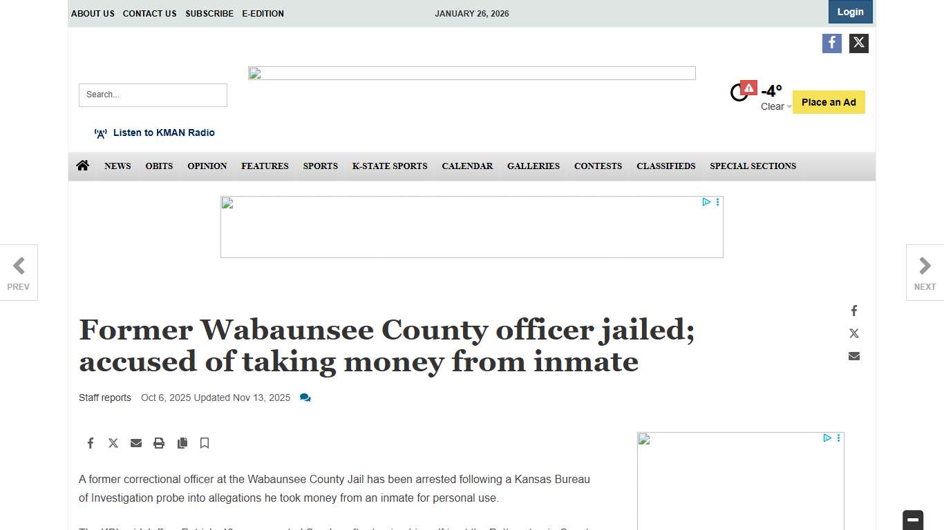 Former Wabaunsee County officer jailed; accused of taking money from inmate News themercury.com